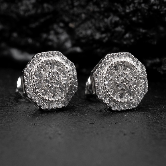 Octagon Shaped Mens White Gold Plated 925 Sterling Iced Cz Rock Stud Earrings - Picture 1 of 5
